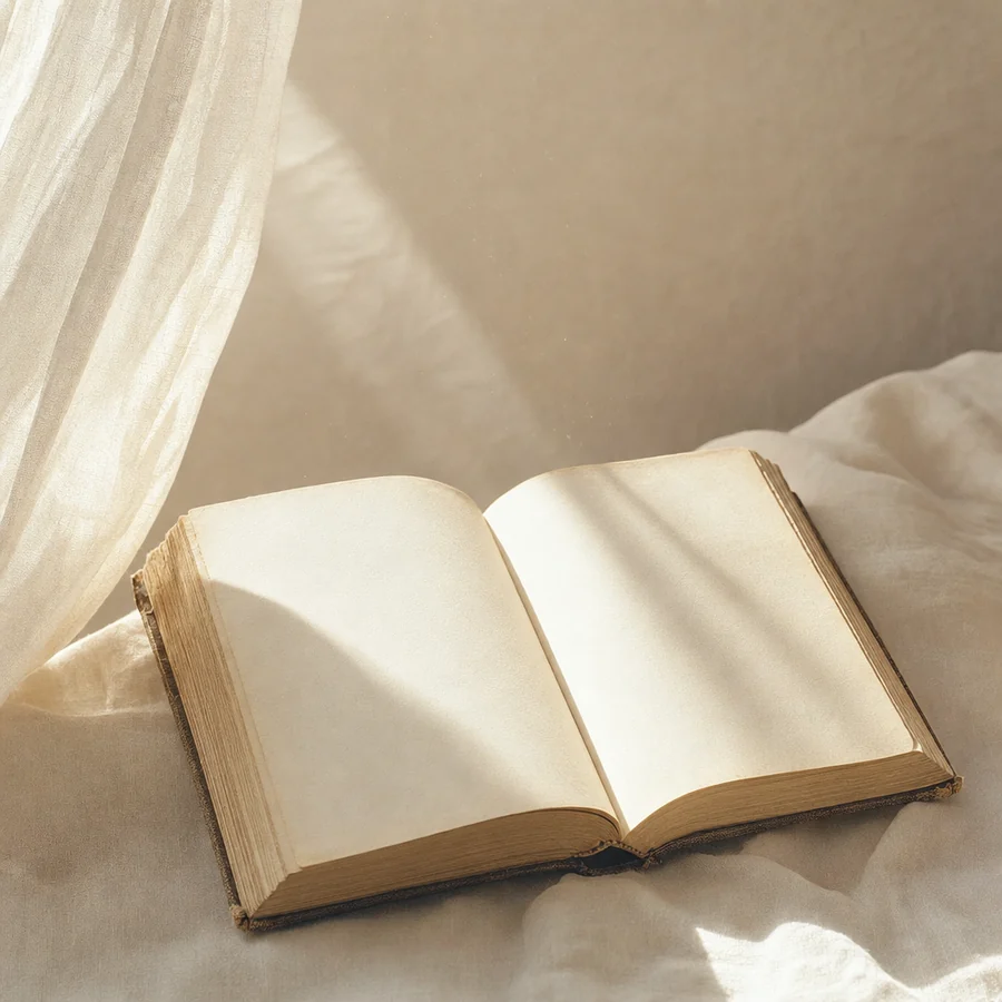 Un libro antiguo abierto sobre lino crema, con las páginas en blanco bajo luz cálida.